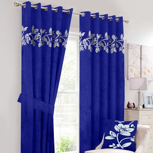 Luxury Floral Velvet Curtain - Blue & Off White