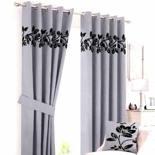 Luxury Floral Velvet Curtain - Grey & Black