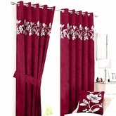 Luxury Floral Velvet Curtain - Maroon & Off White