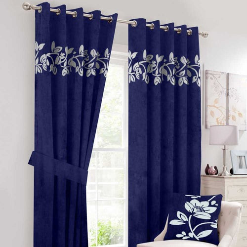 Luxury Floral Velvet Curtain - Royal Blue & Off White