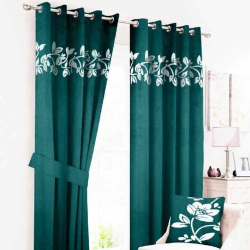 Luxury Floral Velvet Curtain - Sea Green & Off White