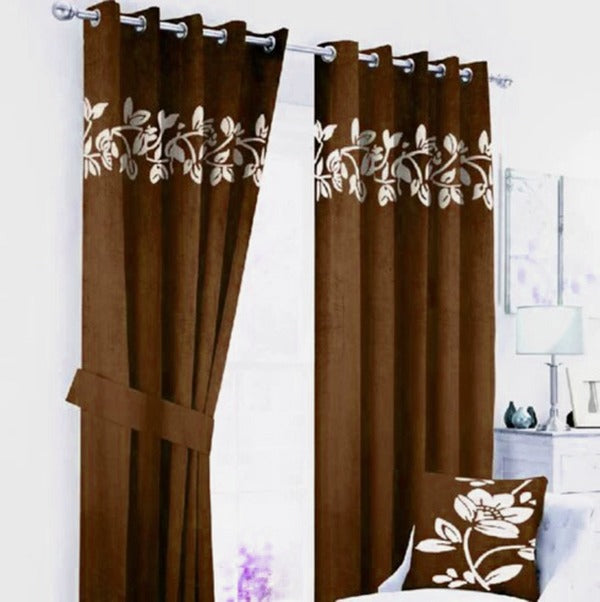 Luxury Floral Velvet Curtain - Brown & Off White